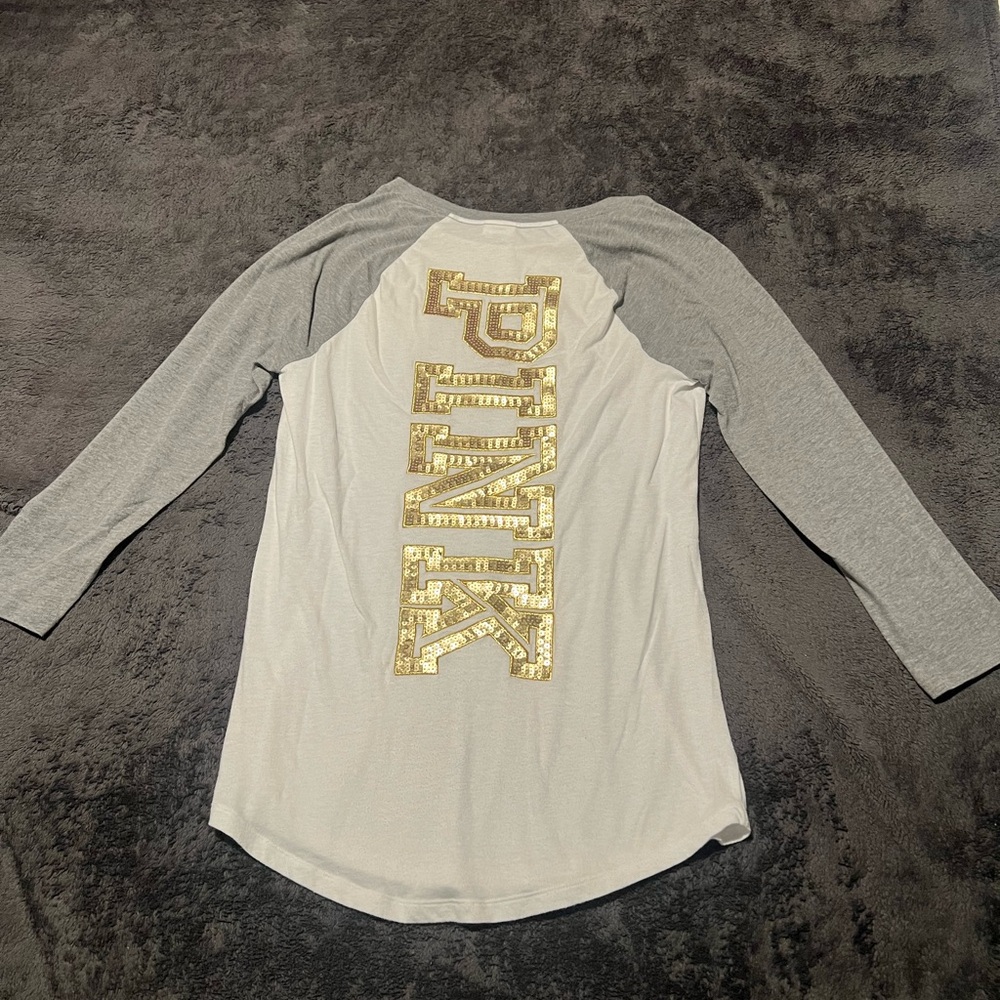 PINK by Victoria Secret 3/4 sleeve shirt in small gold matte sequins on back